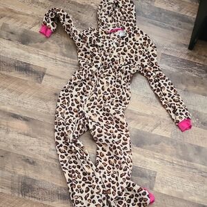 Leopard Print Hooded Onesie with Pink Accents